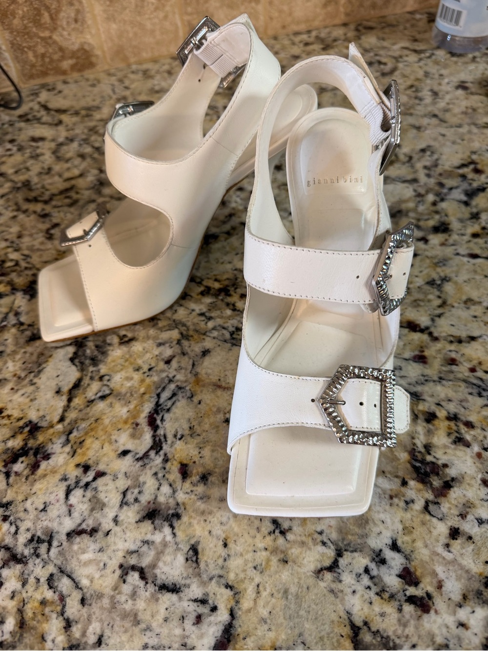 Gianni Bini White Heeled Sandals with Rhinestone Buckles